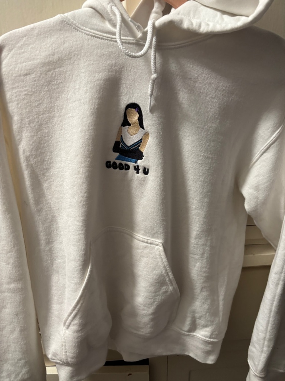 White "Good 4 U" Embroidered Hoodie Sweatshirt